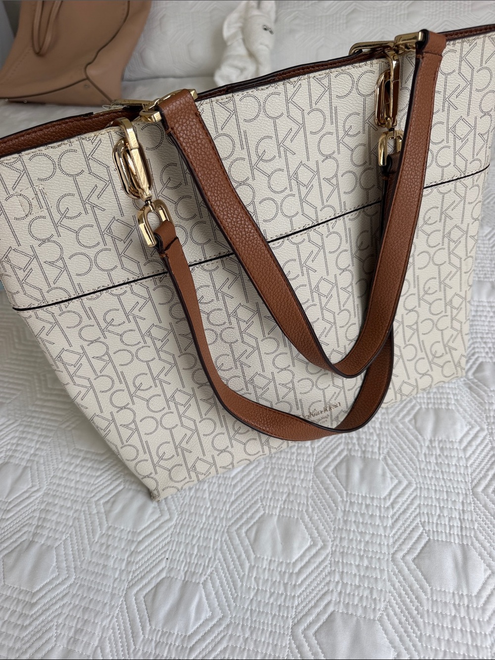 Calvin Klein Cream Monogram Tote with Brown Straps and Gold Hardware